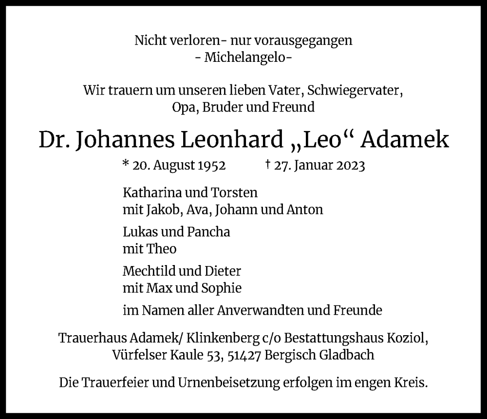  Traueranzeige für Johannes Leonhard Adamek vom 11.02.2023 aus Kölner Stadt-Anzeiger / Kölnische Rundschau / Express