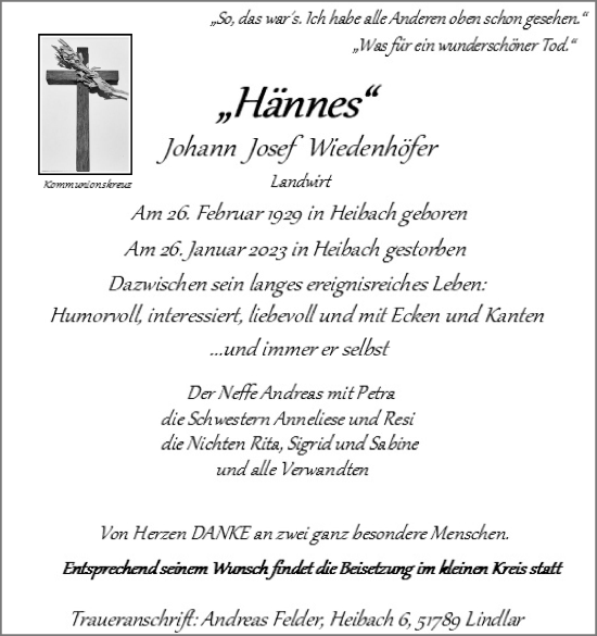 Anzeige von Johann Josef Wiedenhöfer von Kölner Stadt-Anzeiger / Kölnische Rundschau / Express