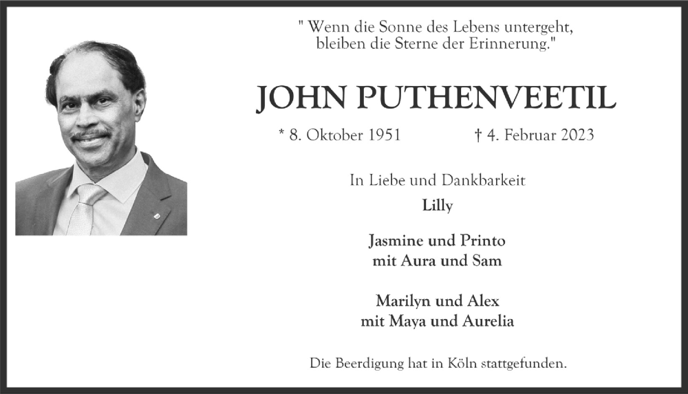  Traueranzeige für John Puthenveetil vom 17.02.2023 aus  Anzeigen Echo 