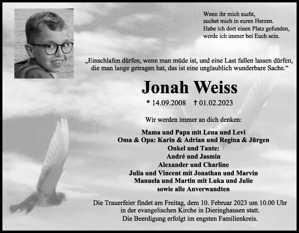  Traueranzeige für Jonah Weiss vom 06.02.2023 aus Kölner Stadt-Anzeiger / Kölnische Rundschau / Express