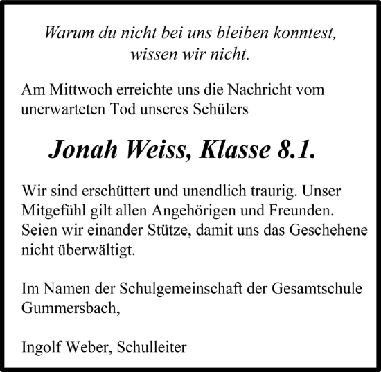 Anzeige von Jonah Weiss von  Anzeigen Echo 