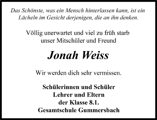 Anzeige von Jonah Weiss von  Anzeigen Echo 