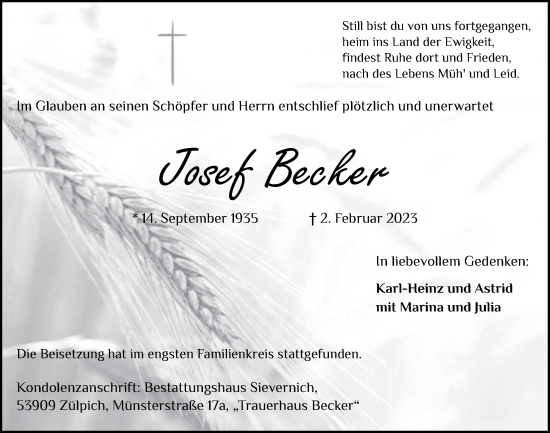 Anzeige von Josef Becker von  Blickpunkt Euskirchen 