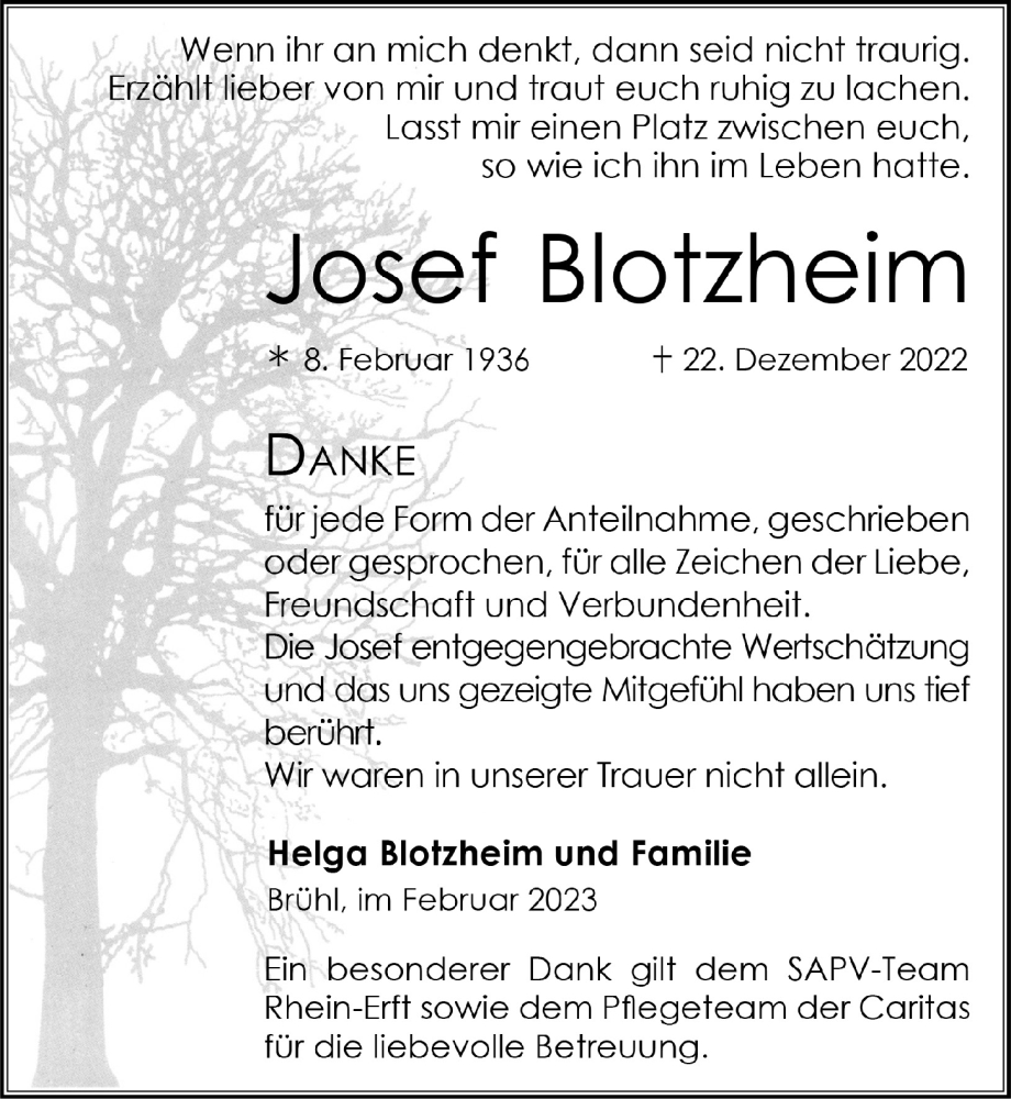  Traueranzeige für Josef Blotzheim vom 10.02.2023 aus  Schlossbote/Werbekurier 