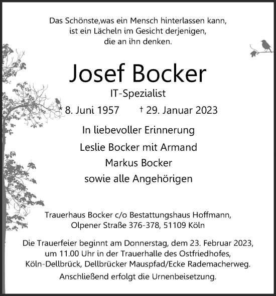Anzeige von Josef Bocker von Kölner Stadt-Anzeiger / Kölnische Rundschau / Express
