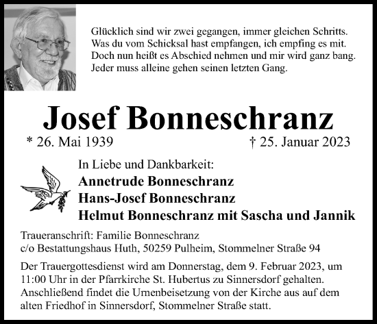 Anzeige von Josef Bonneschranz von Kölner Stadt-Anzeiger / Kölnische Rundschau / Express