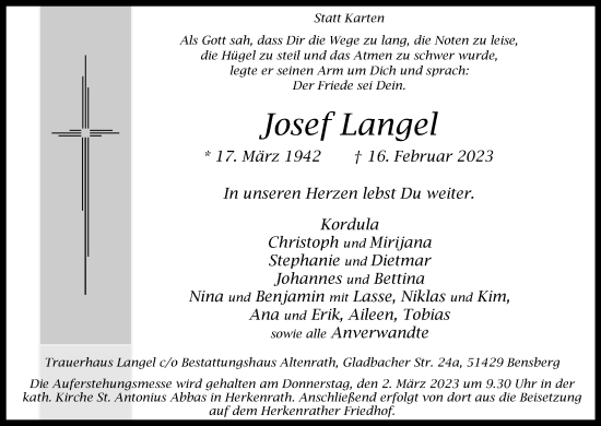 Anzeige von Josef Langel von Kölner Stadt-Anzeiger / Kölnische Rundschau / Express