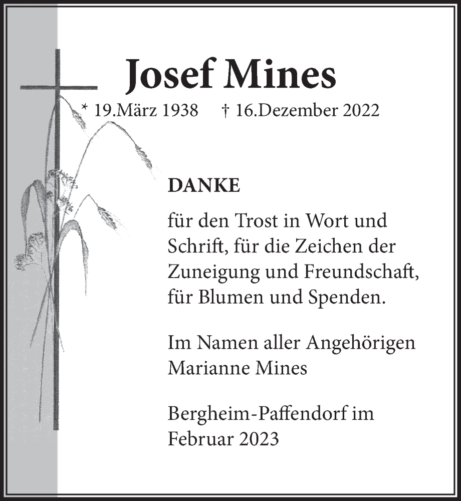  Traueranzeige für Josef Mines vom 10.02.2023 aus  Werbepost 