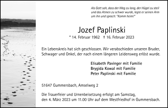 Anzeige von Josef Paplinski von  Anzeigen Echo 