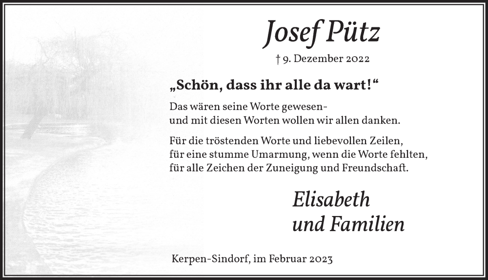  Traueranzeige für Josef Pütz vom 17.02.2023 aus  Werbepost 