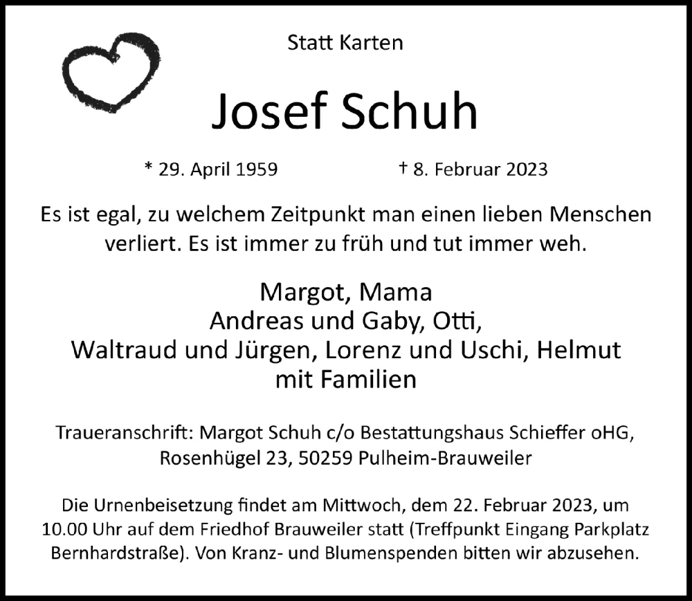  Traueranzeige für Josef Schuh vom 17.02.2023 aus  Wochenende  Werbepost 
