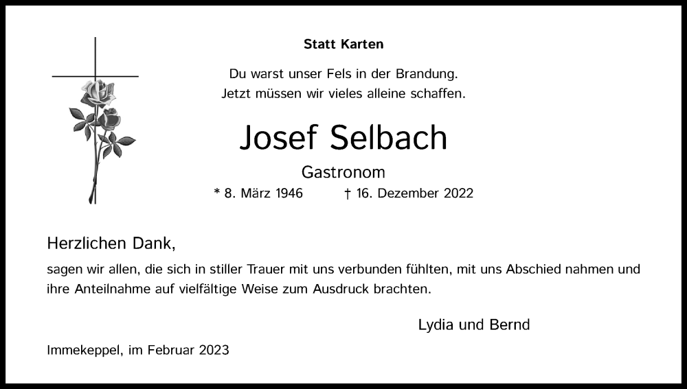  Traueranzeige für Josef Selbach vom 04.02.2023 aus Kölner Stadt-Anzeiger / Kölnische Rundschau / Express
