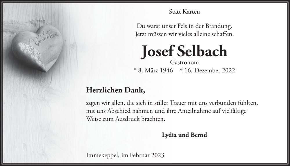 Traueranzeige für Josef Selbach vom 03.02.2023 aus  Bergisches Handelsblatt 