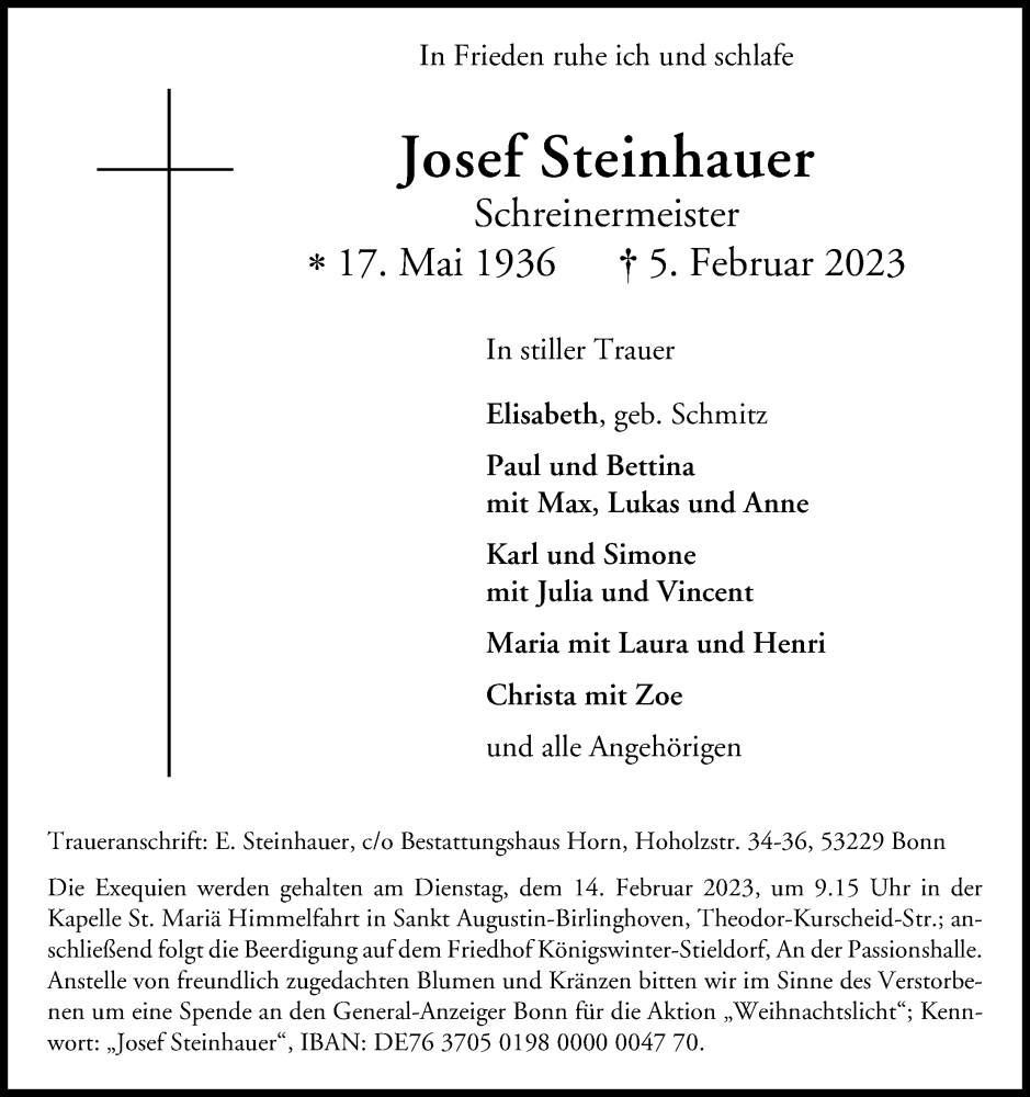  Traueranzeige für Josef Steinhauer vom 11.02.2023 aus Kölner Stadt-Anzeiger / Kölnische Rundschau / Express