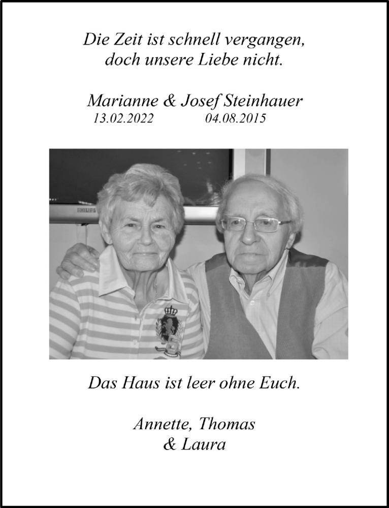  Traueranzeige für Josef Steinhauer vom 10.02.2023 aus  Schlossbote/Werbekurier 