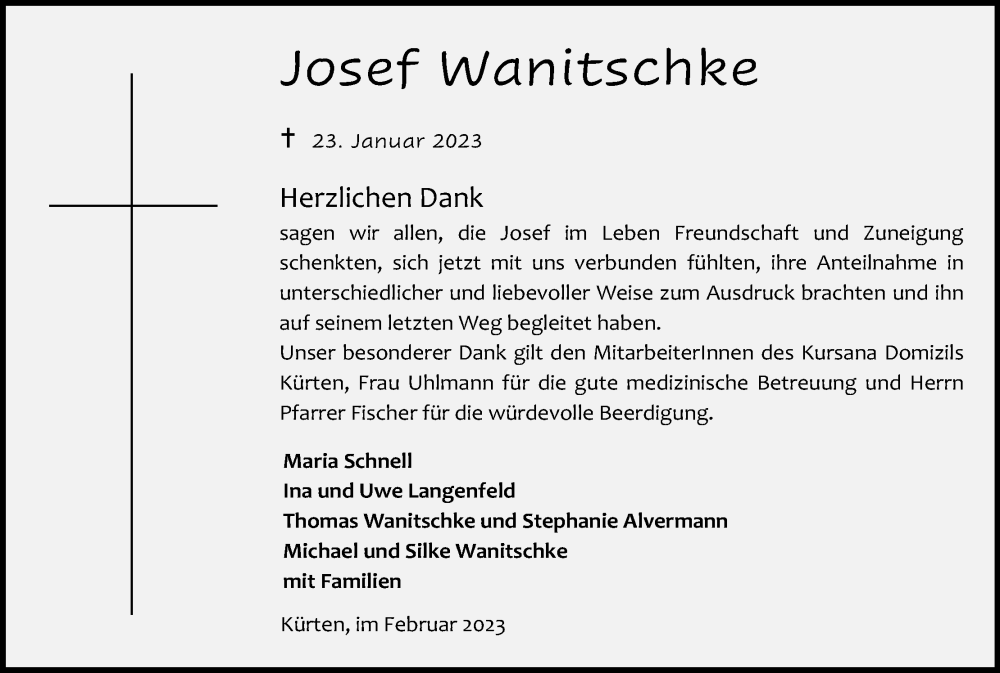  Traueranzeige für Josef Wanitschke vom 18.02.2023 aus Kölner Stadt-Anzeiger / Kölnische Rundschau / Express