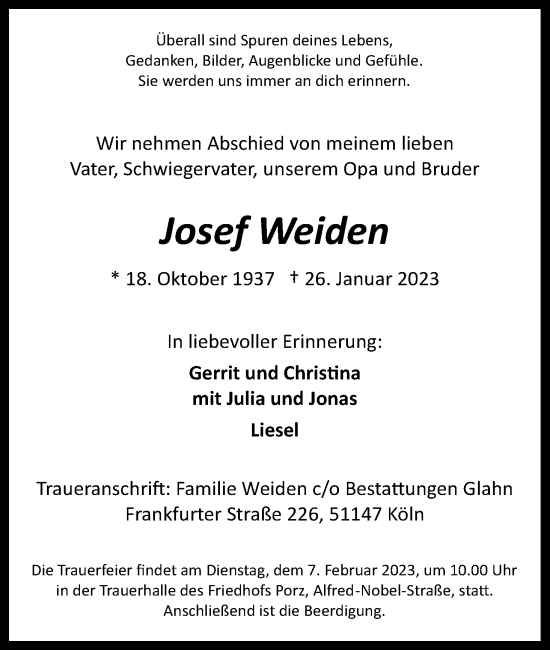 Anzeige von Josef Weiden von Kölner Stadt-Anzeiger / Kölnische Rundschau / Express