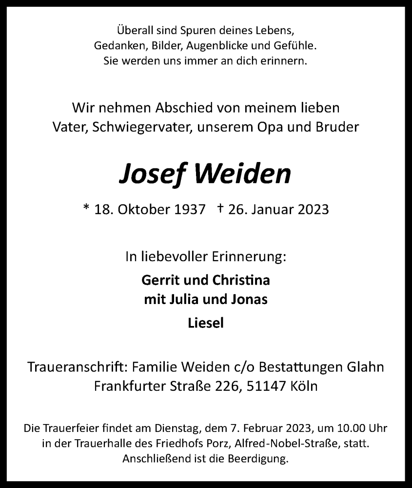  Traueranzeige für Josef Weiden vom 04.02.2023 aus Kölner Stadt-Anzeiger / Kölnische Rundschau / Express
