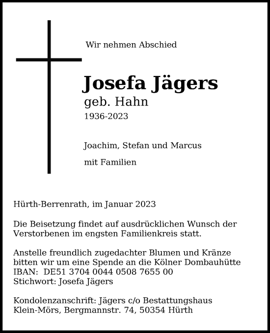 Anzeige von Josefa Jägers von Kölner Stadt-Anzeiger / Kölnische Rundschau / Express