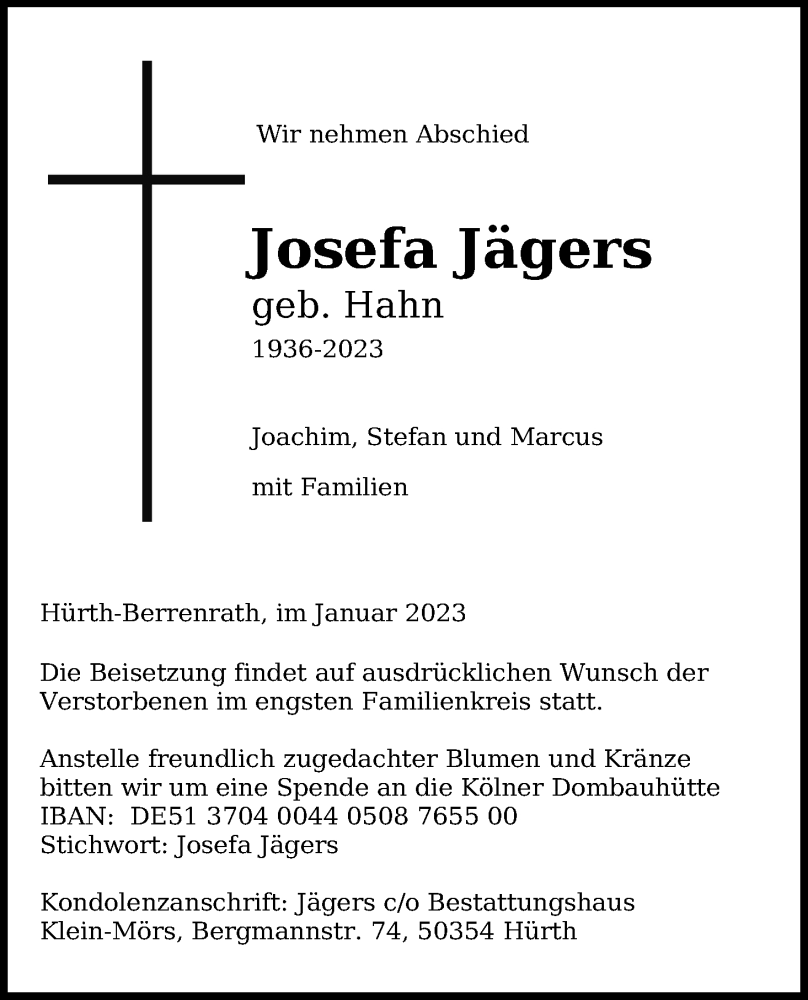  Traueranzeige für Josefa Jägers vom 04.02.2023 aus Kölner Stadt-Anzeiger / Kölnische Rundschau / Express