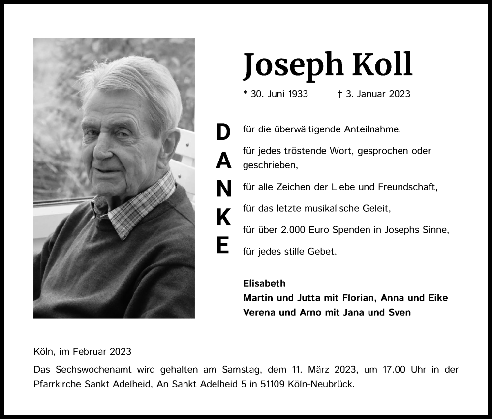  Traueranzeige für Joseph Koll vom 11.02.2023 aus Kölner Stadt-Anzeiger / Kölnische Rundschau / Express