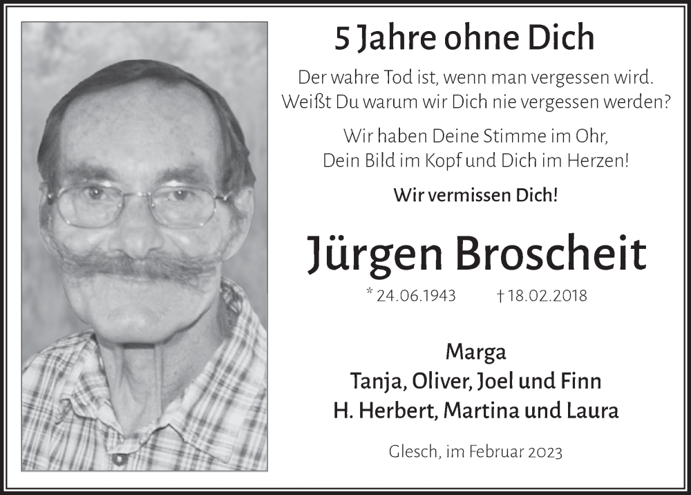  Traueranzeige für Jürgen Broscheit vom 17.02.2023 aus  Werbepost 