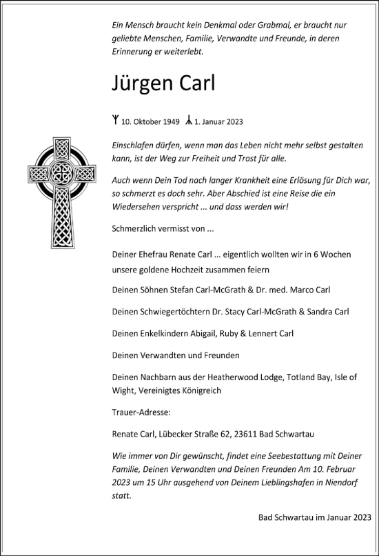 Anzeige von Jürgen Carl von  Bergisches Handelsblatt 