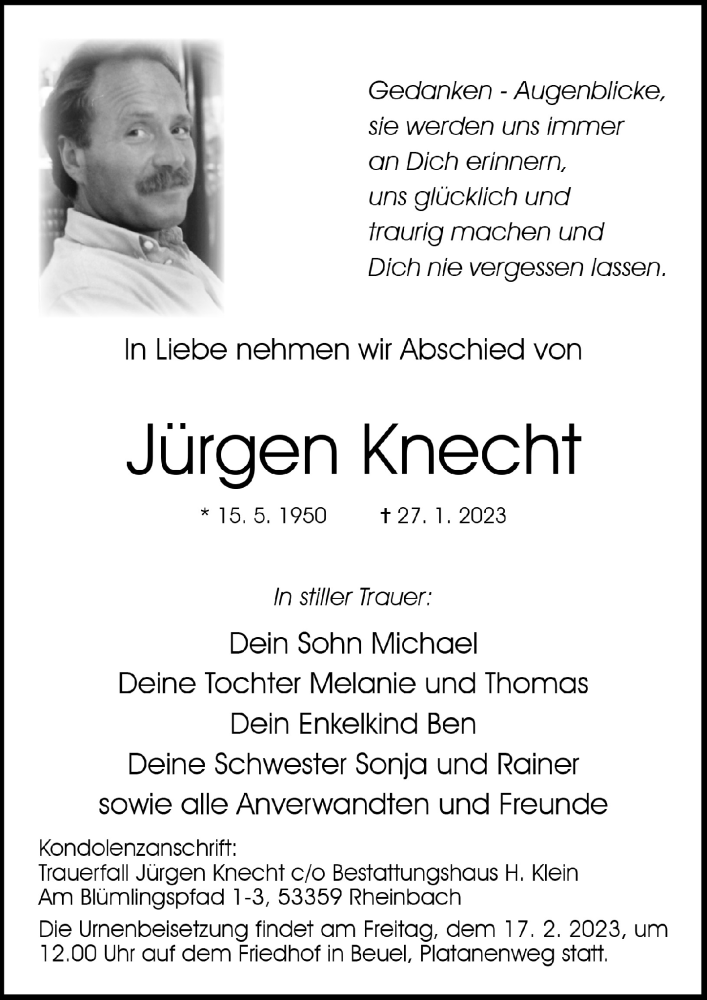  Traueranzeige für Jürgen Knecht vom 10.02.2023 aus  Schaufenster/Blickpunkt 