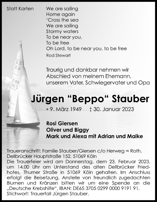 Anzeige von Jürgen Stauber von Kölner Stadt-Anzeiger / Kölnische Rundschau / Express