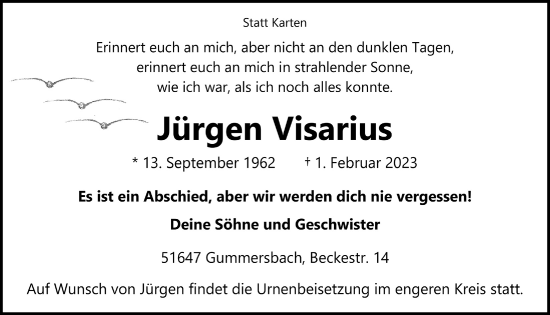 Anzeige von Jürgen Visarius von  Anzeigen Echo 