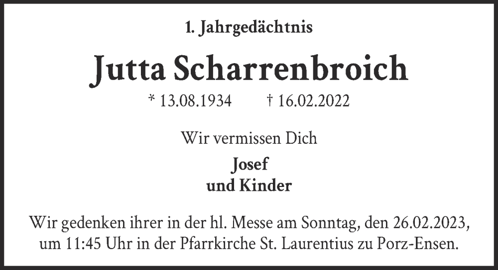  Traueranzeige für Jutta Scharrenbroich vom 17.02.2023 aus  EXPRESS - Die Woche 