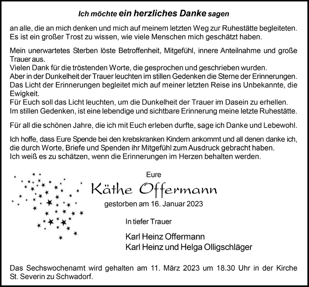  Traueranzeige für Käthe Offermann vom 24.02.2023 aus  Schlossbote/Werbekurier 
