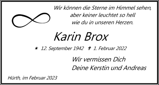 Anzeige von Karin Brox von Kölner Stadt-Anzeiger / Kölnische Rundschau / Express