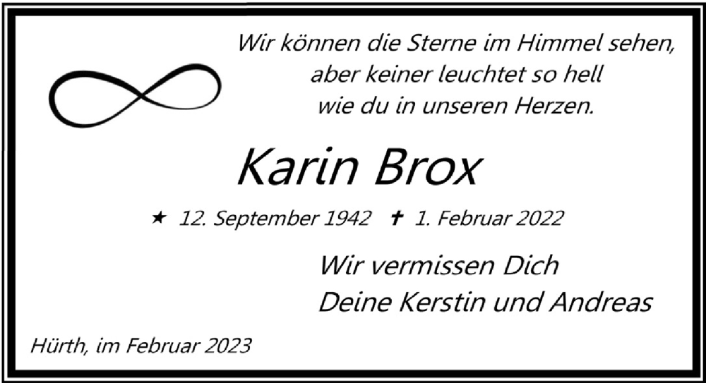  Traueranzeige für Karin Brox vom 03.02.2023 aus  Wochenende 