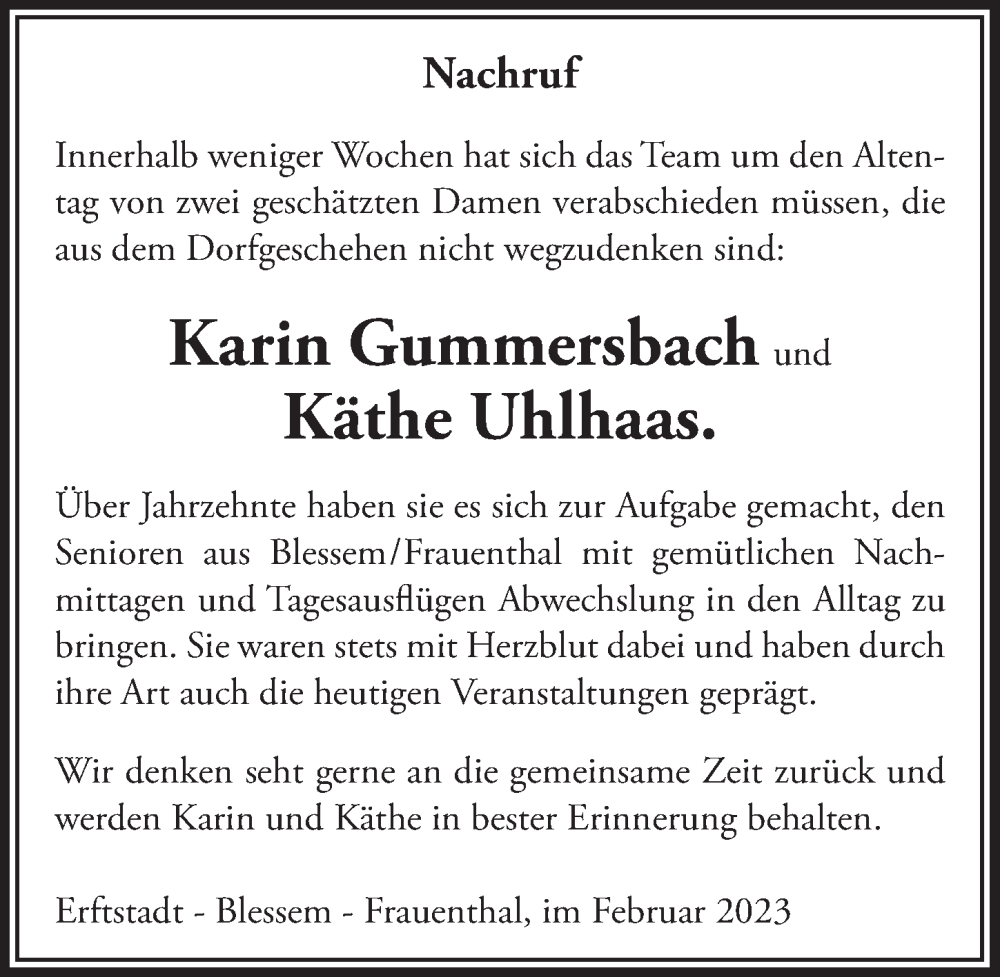  Traueranzeige für Karin Gummersbach vom 24.02.2023 aus  Werbepost 