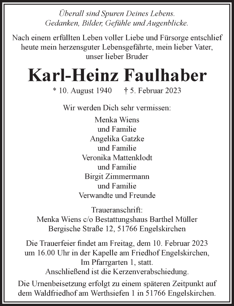  Traueranzeige für Karl-Heinz Faulhaber vom 10.02.2023 aus  Anzeigen Echo 