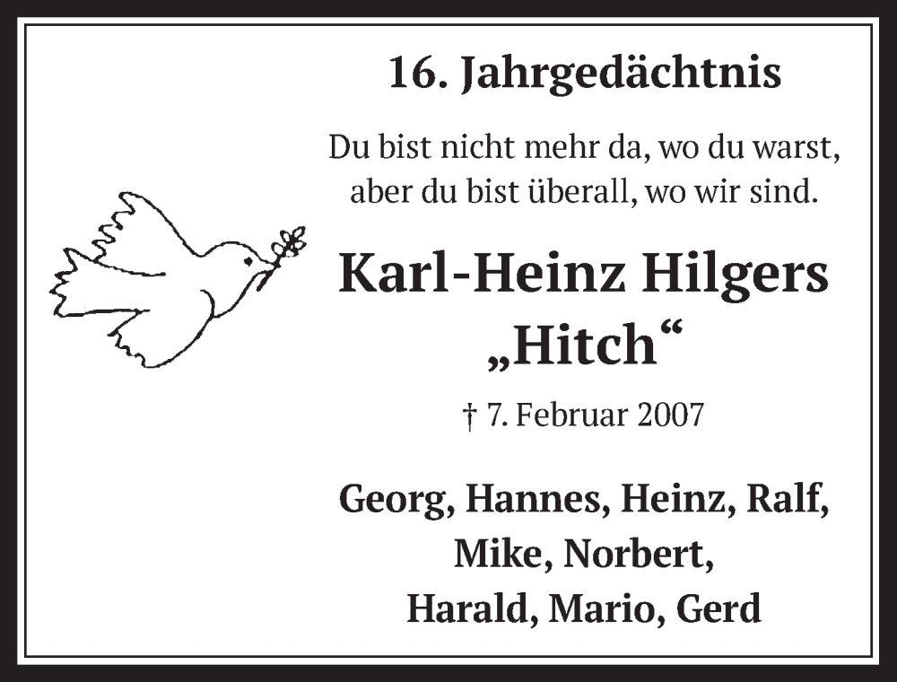  Traueranzeige für Karl-Heinz Hilgers vom 03.02.2023 aus  Werbepost 