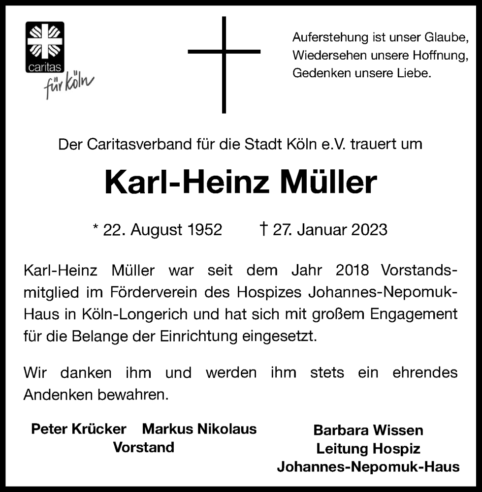  Traueranzeige für Karl-Heinz Müller vom 18.02.2023 aus Kölner Stadt-Anzeiger / Kölnische Rundschau / Express