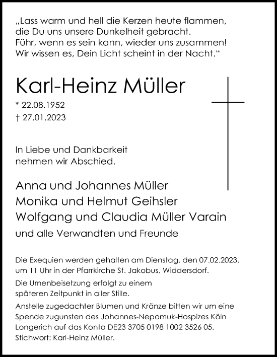 Anzeige von Karl-Heinz Müller von Kölner Stadt-Anzeiger / Kölnische Rundschau / Express