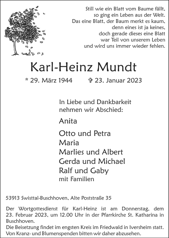 Anzeige von Karl-Heinz Mundt von  Schaufenster/Blickpunkt 