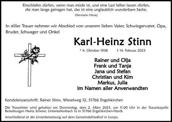 Anzeige von Karl-Heinz Stinn von Kölner Stadt-Anzeiger / Kölnische Rundschau / Express