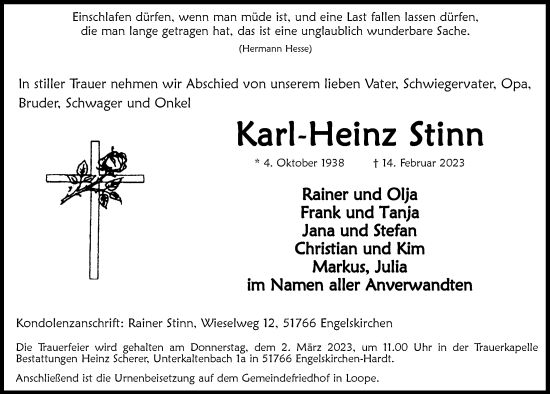 Anzeige von Karl-Heinz Stinn von  Anzeigen Echo 