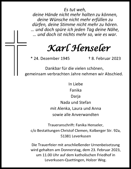 Anzeige von Karl Henseler von Kölner Stadt-Anzeiger / Kölnische Rundschau / Express