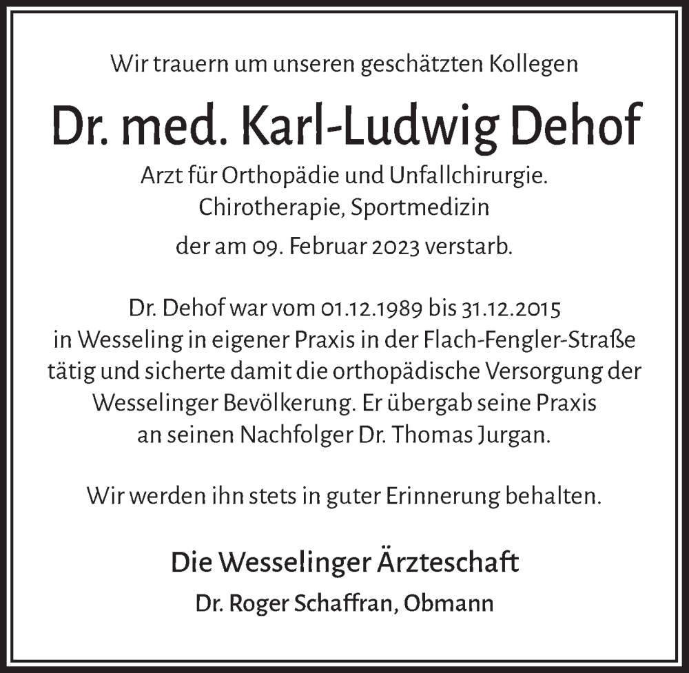  Traueranzeige für Karl-Ludwig Dehof vom 17.02.2023 aus  Schlossbote/Werbekurier 