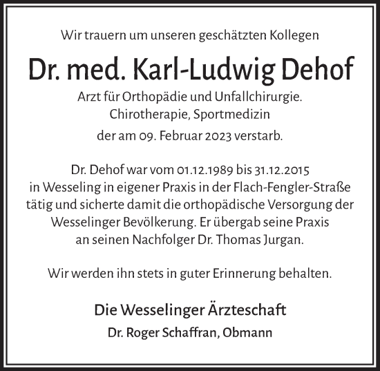 Anzeige von Karl-Ludwig Dehof von  Schlossbote/Werbekurier 