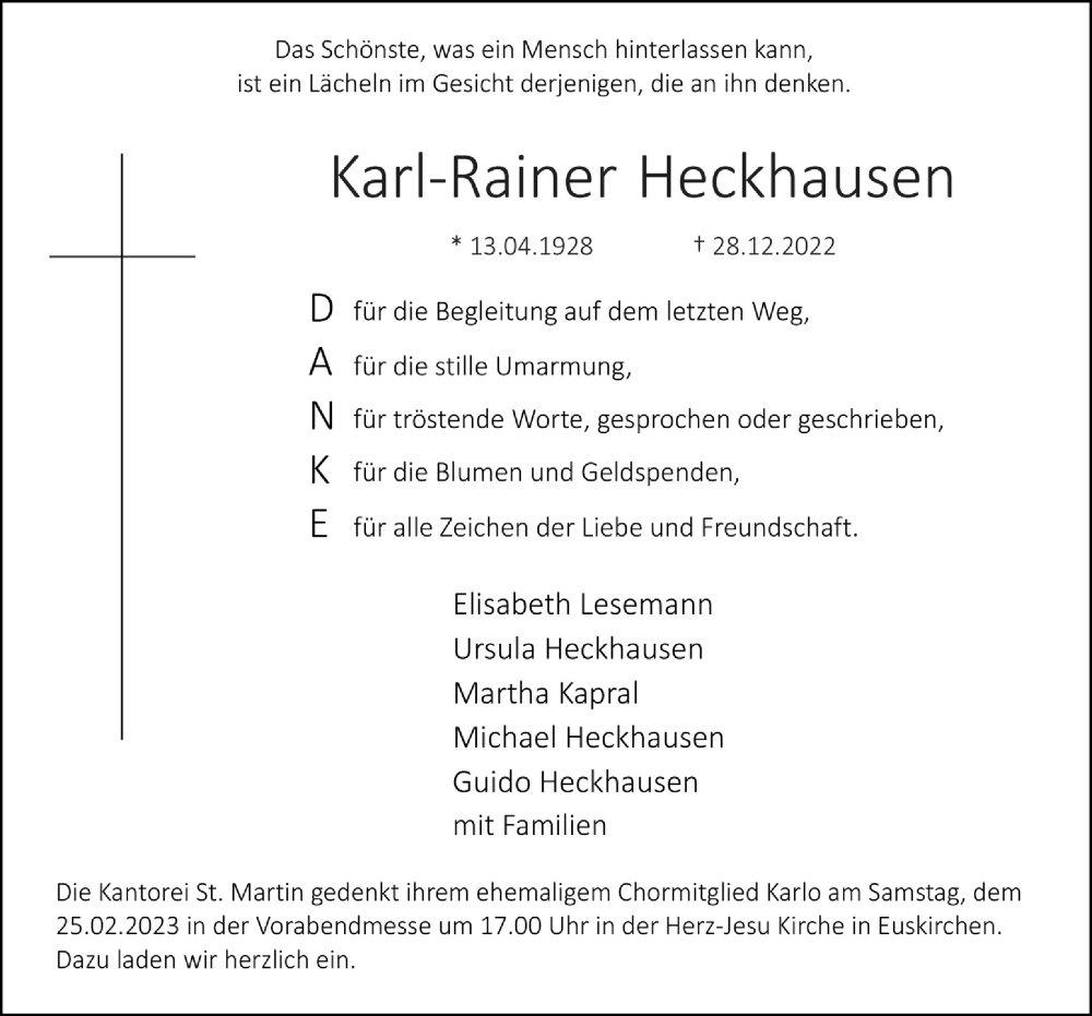  Traueranzeige für Karl-Rainer Heckhausen vom 18.02.2023 aus  Blickpunkt Euskirchen 