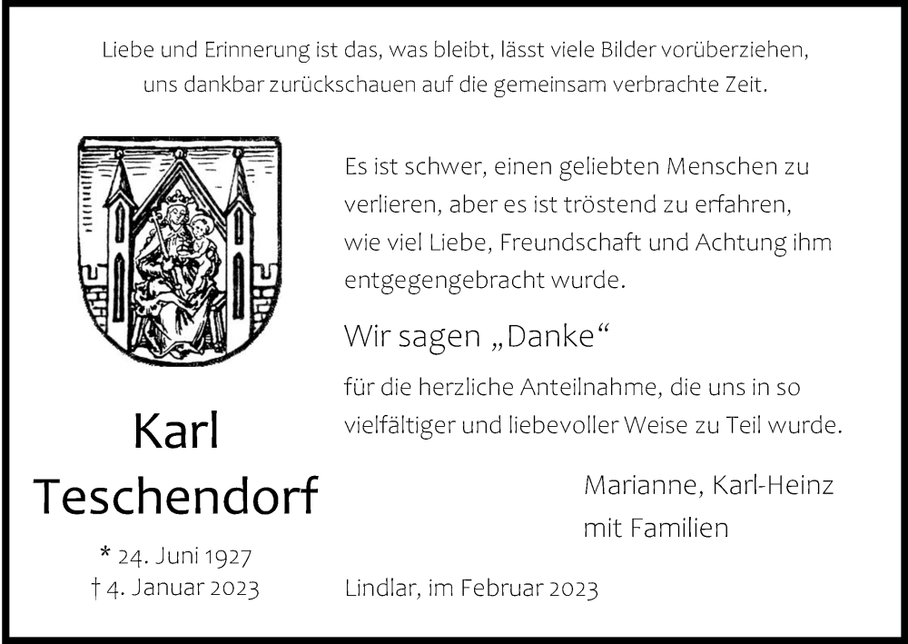  Traueranzeige für Karl Teschendorf vom 04.02.2023 aus Kölner Stadt-Anzeiger / Kölnische Rundschau / Express
