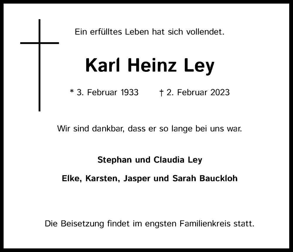  Traueranzeige für Karl Heinz Ley vom 18.02.2023 aus Kölner Stadt-Anzeiger / Kölnische Rundschau / Express