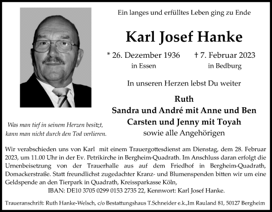 Anzeige von Karl Josef Hanke von Kölner Stadt-Anzeiger / Kölnische Rundschau / Express