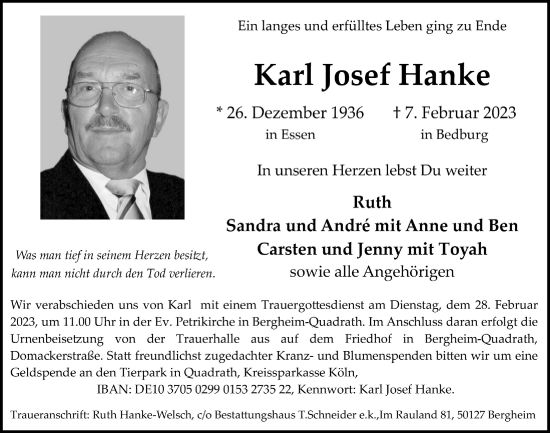 Anzeige von Karl Josef Hanke von  Werbepost 